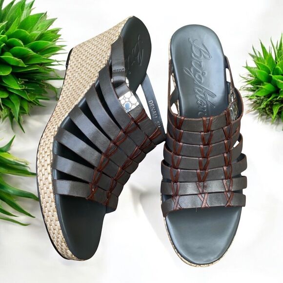 Brighton Denali Wedge Slide Sandal Women’s Size 8 Gray Brown Strappy Leather - Picture 1 of 16